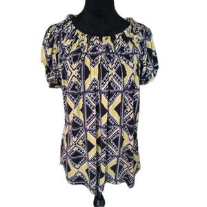 Valerie Stevens Women's XL Yellow/Black Geometric Pattern Short Sleeve Top